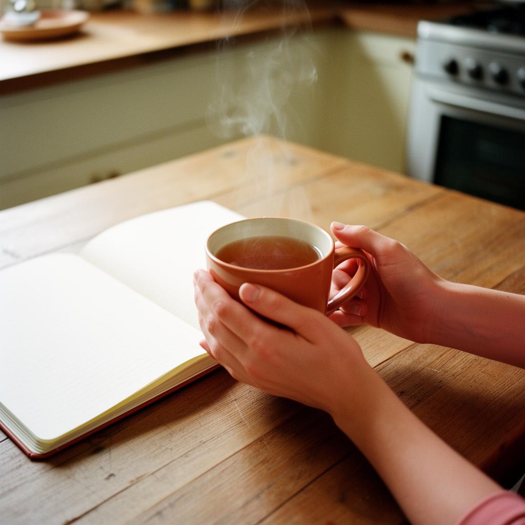 Hands holding a warm cup of tea beside an open notebook